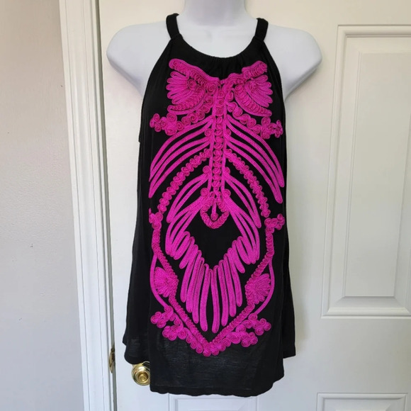 INC International Concepts Black Knit Halter Fuschia 3D Embroidered Ribcage M - Picture 1 of 10